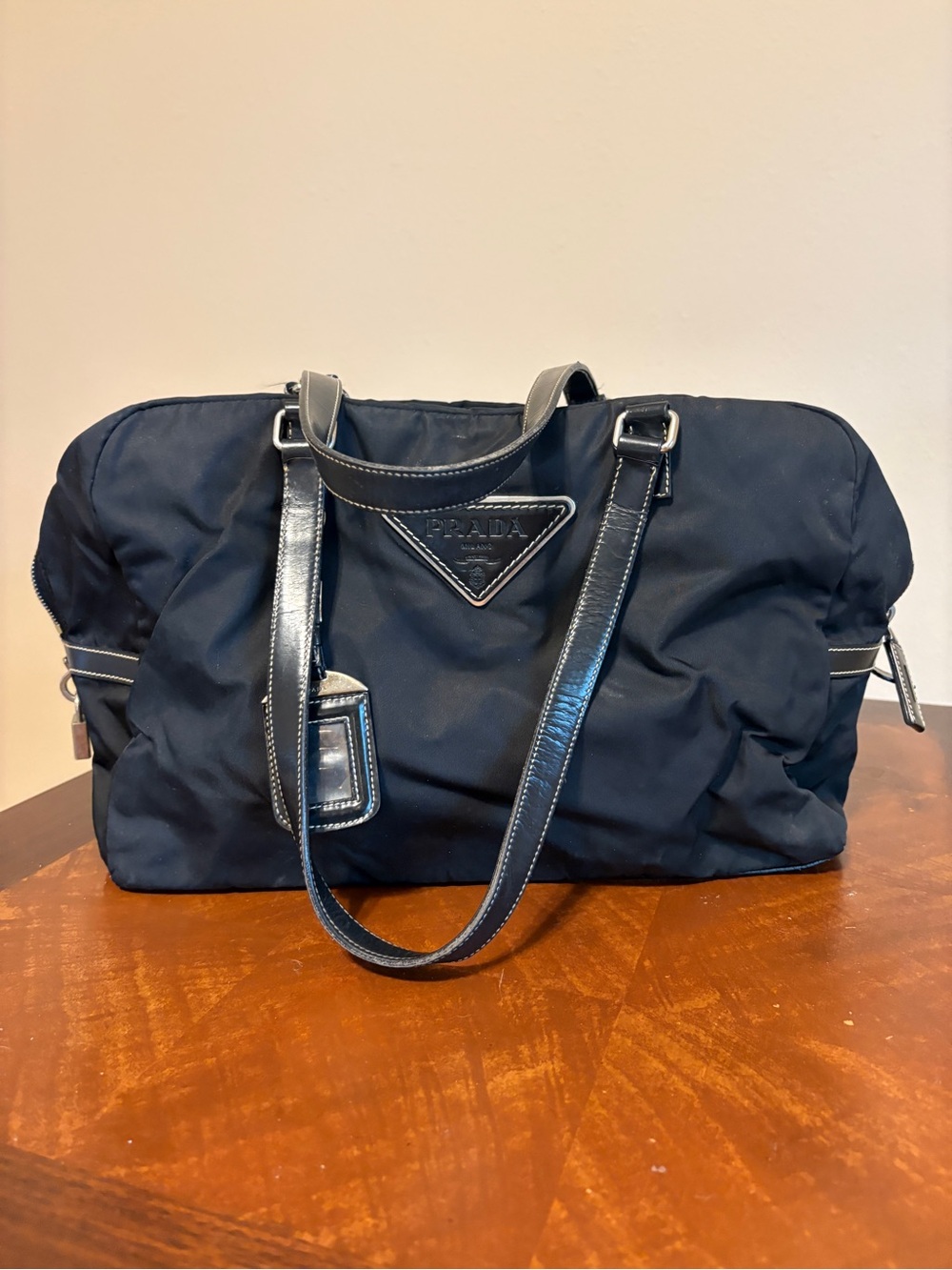 Prada Black Nylon Tote Bag with Leather Trim